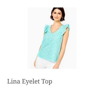 Lilly Pulitzer Lina Eyelet Top. XXS. Surf Blue Neon Sunburst Eyelet. NWT